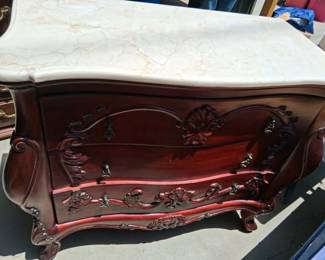 Vintage Wooden Commode Bombe Chest with Marble Top