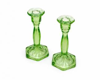 17 VintageGreenDepressionGlassCandlestickPairPossiblyFenton