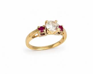 51 VintageDiamondRubyGoldThreeStoneRing