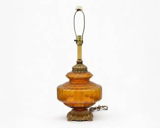 24 VintageAmberGlassHollywoodRegencyTableLamp