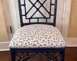 Set of 6 Palm Beach Regency Sourced Chinese Chippendale Dining Chairs. Two Arm Chairs & 4 Side Chairs with Custom Ballard Designs Cushions. Each Measures 38" H x 20 1/2" W x 19" D. Photo 4 of 6.