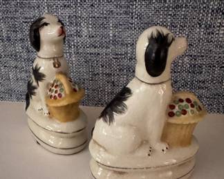 Pair of Japanese Reproduction Staffordshire Dogs Sitting with Baskets. Each Measures 6 1/2"H x 4 1/2" W. Photo 2 of 3.