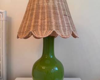 Green Gourd Lamp with Rattan Shade - 2 Available. Each Measures 24" H.