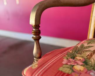 Maitland Smith Regency Style Silver Painted Arm Chair with Gilt Trim and Cane Seat. Custom Cushion in Pat Freund Design for P/Kauffman Fabric. Measures 22" W x 18.5" D Seat Height 20" To Top of Cushion. Photo 2 of 5.