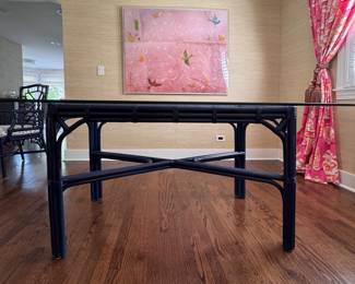 Hollywood Regency / Chinese Chippendale Dining Table with Tempered Glass Top. Measures 66"L x 42" D x 28 1/2" H. Photo 2 of 5.