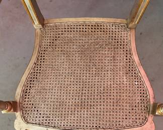 Maitland Smith Regency Style Silver Painted Arm Chair with Gilt Trim and Cane Seat. Custom Cushion in Pat Freund Design for P/Kauffman Fabric. Measures 22" W x 18.5" D Seat Height 20" To Top of Cushion. Photo 5 of 5.