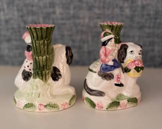 Pair of Staffordshire-Style Glazed Ceramic Candlesticks. Each Measures 4"W x 6 1/2" H. One Has A Slight Chip. Photo 2 of 4.