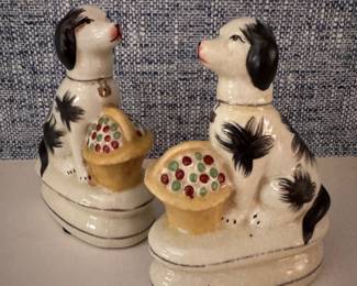 Pair of Japanese Reproduction Staffordshire Dogs Sitting with Baskets. Each Measures 6 1/2"H x 4 1/2" W. Photo 1 of 3.