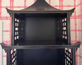 Bungalow 5 Pagoda Etagere with Removable Grass Cloth Lining. Has Removable Top. Measures 34" W x 17" D At Widest x 85" H OR, 74" H without Top. Top Measures 21" W x 11" D x 13" H And Can Be Used As A Wall Mounted Shelf. Photo 2 of 7.