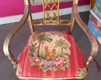 Maitland Smith Regency Style Silver Painted Arm Chair with Gilt Trim and Cane Seat. Custom Cushion in Pat Freund Design for P/Kauffman Fabric. Measures 22" W x 18.5" D Seat Height 20" To Top of Cushion. Photo 4 of 5.