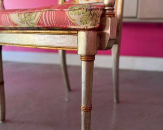 Maitland Smith Regency Style Silver Painted Arm Chair with Gilt Trim and Cane Seat. Custom Cushion in Pat Freund Design for P/Kauffman Fabric. Measures 22" W x 18.5" D Seat Height 20" To Top of Cushion. Photo 3 of 5.