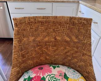 Woven Rattan Counter Stools Upholstered in Lilly Pulitzer For Lee Jofa Fabric. - 2 Available. Each Measures 20.5" W with 24" Seat Height. Photo 2 of 5.