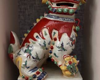 Pair of Temple-Size Glazed Ceramic Foo Dog Figurines. Each Measures 21' H x 10 1/2' W. Photo 1 of 6.