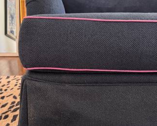 Wesley Hall Sofa. Down-Filled Cushions. Custom Upholstered in Schumacher Chevron Fabric with Pink Samuel & Sons Piping - 2 Available. Each Measures 80"L x 34"D x 33" H. Photo 2 of 4.