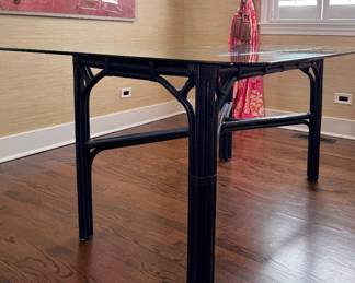 Hollywood Regency / Chinese Chippendale Dining Table with Tempered Glass Top. Measures 66"L x 42" D x 28 1/2" H. Photo 1 of 5.
