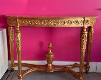 French Neoclassical Style Demilune Console Table Centered by Urn Finial. Photo 1 of 5.