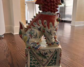 Pair of Temple-Size Glazed Ceramic Foo Dog Figurines. Each Measures 21' H x 10 1/2' W. Photo 4 of 6.
