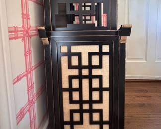 Bungalow 5 Pagoda Etagere with Removable Grass Cloth Lining. Has Removable Top. Measures 34" W x 17" D At Widest x 85" H OR, 74" H without Top. Top Measures 21" W x 11" D x 13" H And Can Be Used As A Wall Mounted Shelf. Photo 6 of 7.