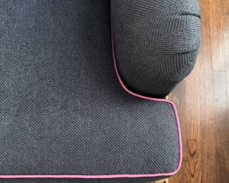 Wesley Hall Sofa. Down-Filled Cushions. Custom Upholstered in Schumacher Chevron Fabric with Pink Samuel & Sons Piping - 2 Available. Each Measures 80"L x 34"D x 33" H. Photo 3 of 4.