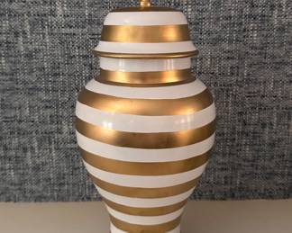 Gold Stripe Ginger Jar with Lid. Measures 14" H x 6 1/2" W. Photo 1 of 2.