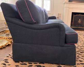Wesley Hall Sofa. Down-Filled Cushions. Custom Upholstered in Schumacher Chevron Fabric with Pink Samuel & Sons Piping - 2 Available. Each Measures 80"L x 34"D x 33" H. Photo 4 of 4.