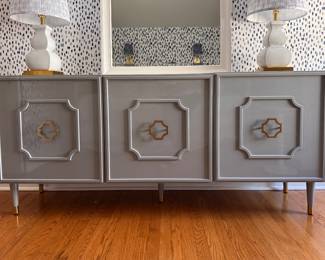 Hollywood Regency Sideboard in Light Grey Lacquer Finish. Measures 72' W x 18" D x 32"H. Photo 1 of 3.