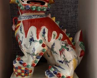 Pair of Temple-Size Glazed Ceramic Foo Dog Figurines. Each Measures 21' H x 10 1/2' W. Photo 2 of 6.