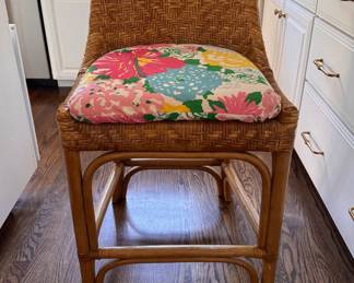 Woven Rattan Counter Stools Upholstered in Lilly Pulitzer For Lee Jofa Fabric. - 2 Available. Each Measures 20.5" W with 24" Seat Height. Photo 1 of 5.