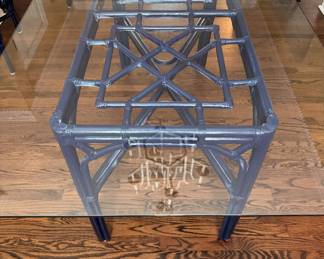 Hollywood Regency / Chinese Chippendale Dining Table with Tempered Glass Top. Measures 66"L x 42" D x 28 1/2" H. Photo 5 of 5.