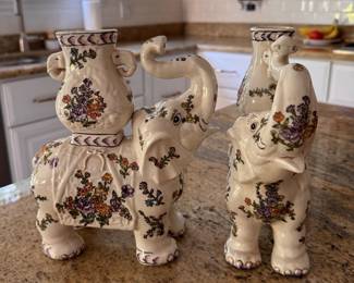 Pair of Adel Carey Floral Elephant Bud Vases. Each Measures 9' H x 8" W. Photo 1 of 2.