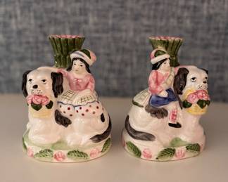 Pair of Staffordshire-Style Glazed Ceramic Candlesticks. Photo 1 of 4.