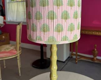 Cordless Faux Bamboo Task Lamp with Pink & Green Palmetto Leaf Shade - 2 Available.