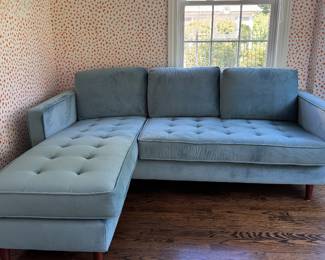 Bloomingdale Velvet Tufted Reversible Sofa in Sea Green with Walnut Finish Legs. Measures 80" W x 36"D x (63" L Chaise). Photo 1 of 4.