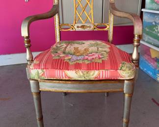 Maitland Smith Regency Style Silver Painted Arm Chair with Gilt Trim and Cane Seat. Custom Cushion in Pat Freund Design for P/Kauffman Fabric. Measures 22" W x 18.5" D Seat Height 20" To Top of Cushion. Photo 1 of 5.