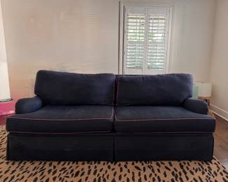 Wesley Hall Sofa. Down-Filled Cushions. Custom Upholstered in Schumacher Chevron Fabric with Pink Samuel & Sons Piping - 2 Available. Each Measures 80"L x 34"D x 33" H. Photo 1 of 4.
