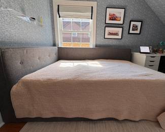 Pottery Barn Teen Cushy Upholstered Platform Corner Bed - Queen Size. Measures 84"L x 64"W x 33"H. Photo 1 of 3.
