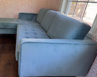 Bloomingdale Velvet Tufted Reversible Sofa in Sea Green with Walnut Finish Legs. Measures 80" W x 36"D x (63" L Chaise). Photo 2 of 4.