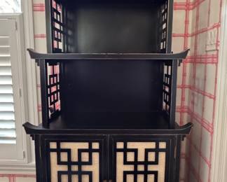 Bungalow 5 Pagoda Etagere with Removable Grass Cloth Lining. Has Removable Top. Measures 34" W x 17" D At Widest x 85" H OR, 74" H without Top. Top Measures 21" W x 11" D x 13" H And Can Be Used As A Wall Mounted Shelf. Photo 1 of 7.