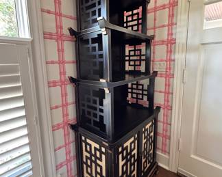 Bungalow 5 Pagoda Etagere with Removable Grass Cloth Lining. Has Removable Top. Measures 34" W x 17" D At Widest x 85" H OR, 74" H without Top. Top Measures 21" W x 11" D x 13" H And Can Be Used As A Wall Mounted Shelf. Photo 3 of 7.