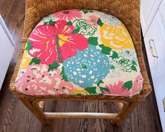Woven Rattan Counter Stools Upholstered in Lilly Pulitzer For Lee Jofa Fabric. - 2 Available. Each Measures 20.5" W with 24" Seat Height. Photo 3 of 5.