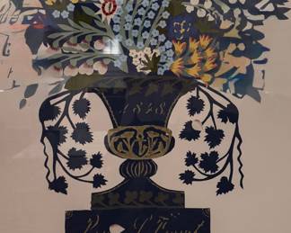 19th Century Original Pennsylvania German Folk Art "Fraktur" Papercut "Flowers in Blue Vase" for Benjamin S. Farret. Measures Overall 46" W x 57" H; Papercut is 36" W x 45.5" H. Photo 2 of 2.
