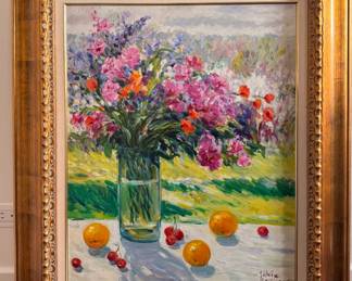 Floral Still Life Signed by Artist Silvia Reisinger (Austrian, 1956–2016). Canvas Measures 23" W x 30" H; 34" W x 41" H Overall. Photo 1 of 3.