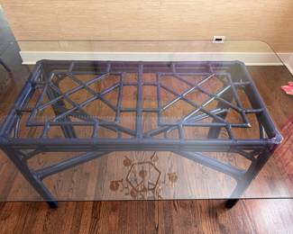 Hollywood Regency / Chinese Chippendale Dining Table with Tempered Glass Top. Measures 66"L x 42" D x 28 1/2" H. Photo 4 of 5.