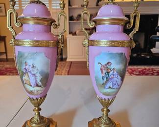 Pair Antique French Sevres-Style porcelain urns $700