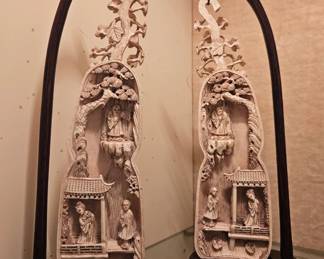 Pair of Chinese Carved Architectural Diorama Plaques on Stand Displays $125