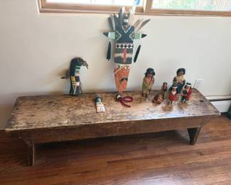Rustic bench, 58", with kachinas and Skookums
