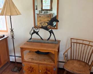 Art Nouveau floor lamp with vintage hide shade, WPA hand carved New Mexico side table.....