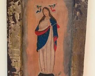 Vintage retablo, 'Purima Concepcion', 44" x 12"