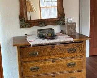 Antique dresser, carved polychrome mirror