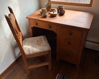 WPA hand carved New Mexico desk and chair, ca 1940